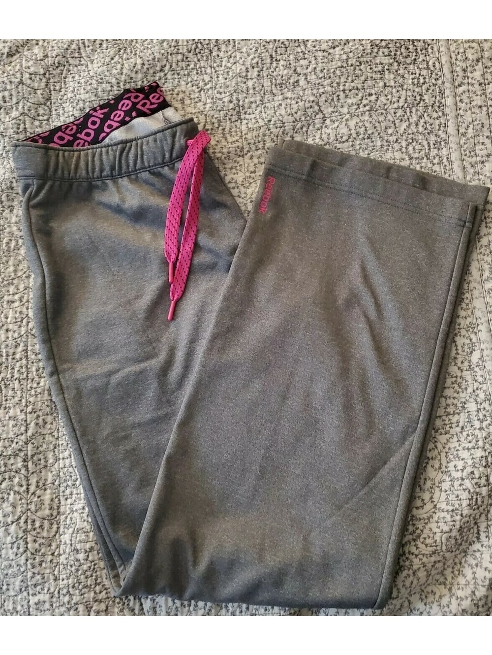 Reebok Medium Work Out Ready Collection Gray Pink Sweatpants Drawstring